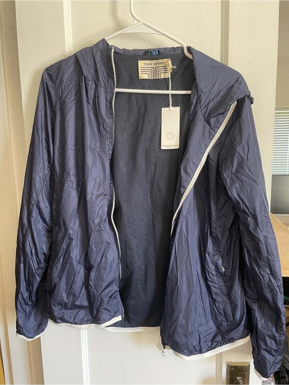 Tory Burch Sport Navy Nylon Hooded Jacket. Wind & Water Resistant. New with tag